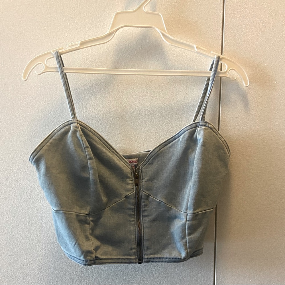 Cropped zip up light denim bustier
